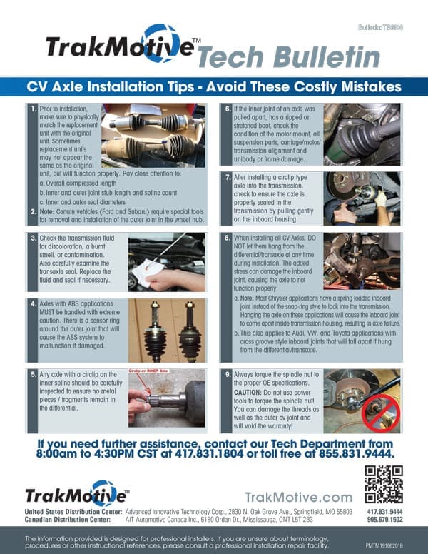 6/2016: Tech Bulletin—CV Axle Installation Tips