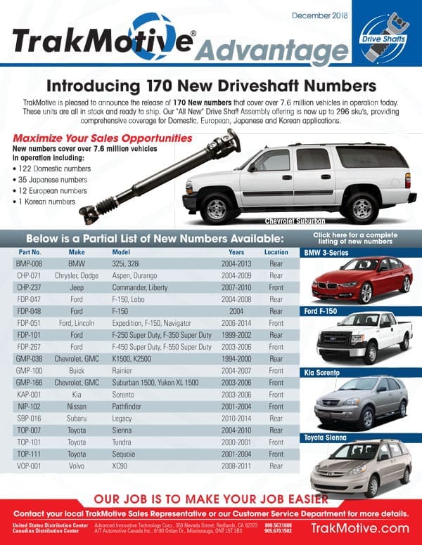 12/2018: TrakMotive Introduces 170 New Drivshaft Numbers