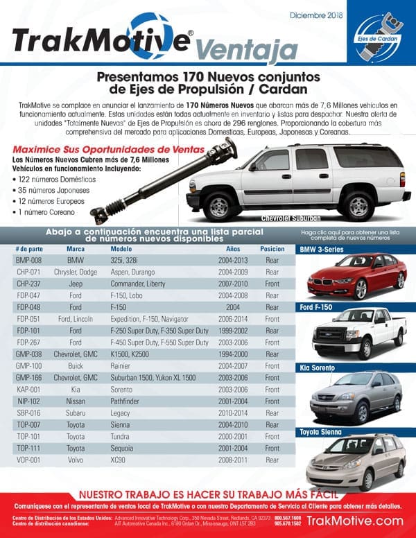 12/2018: TrakMotive Presentamos 170 Nuevos conjuntos de Ejes de Propulsión / Cardan
