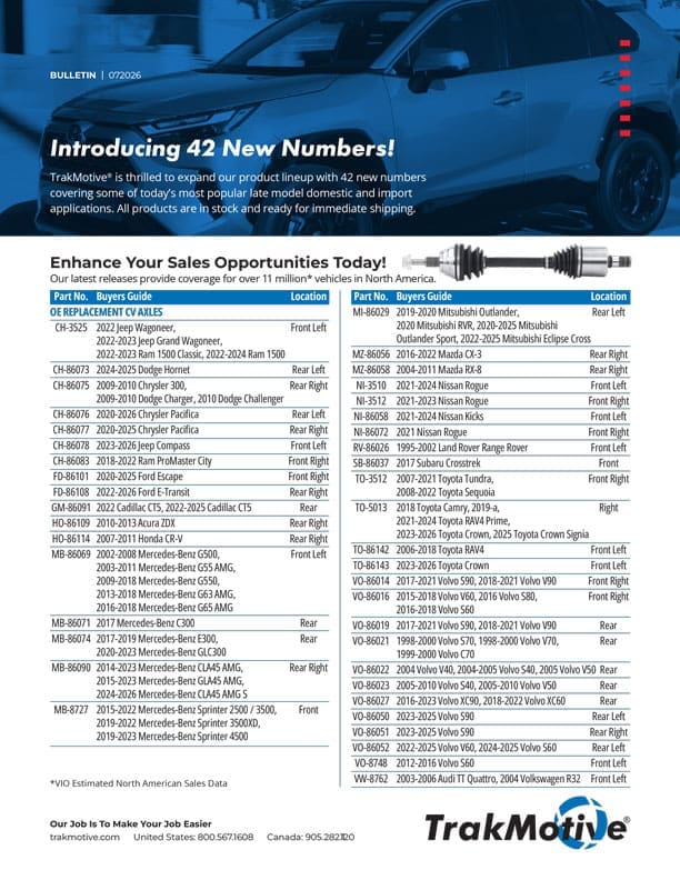 TrakMotive bulletin cover announcing 42 new CV axle part numbers with a CV axle drive shaft graphic